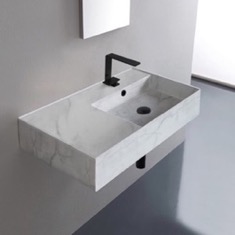 Marble Design Ceramic Wall Mounted or Vessel Sink With Counter Space